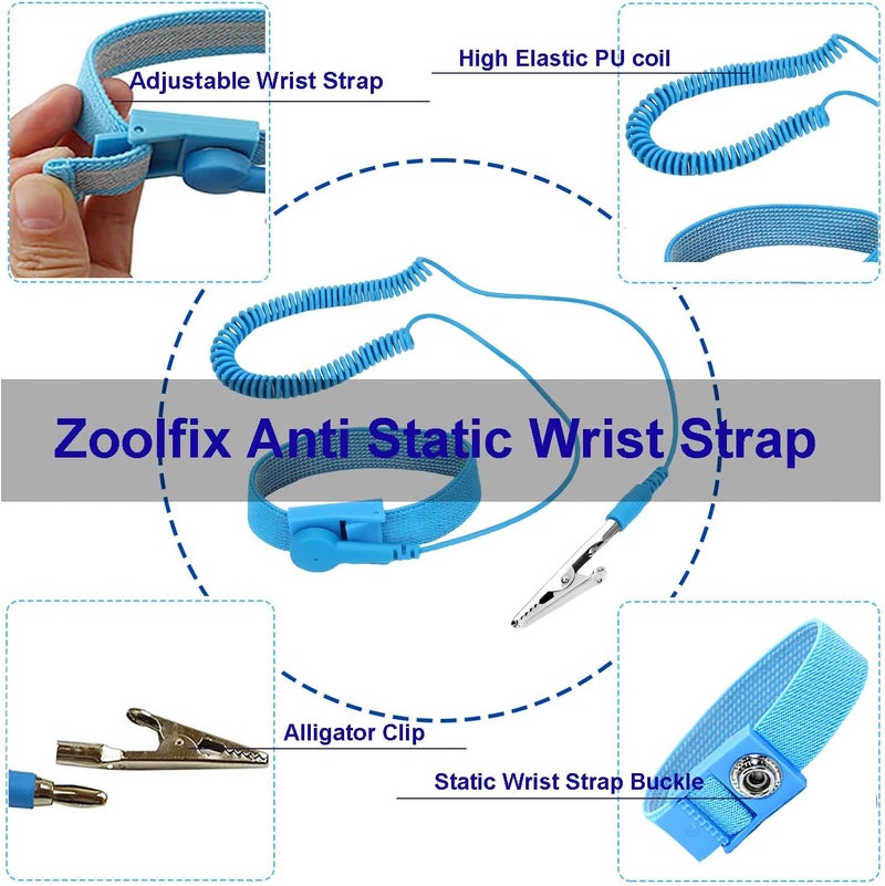 Zoolfix 10 Pack ESD Wrist Strap with Grounding Plug, Adjustable Coiled Cord (Blue) - Image 2